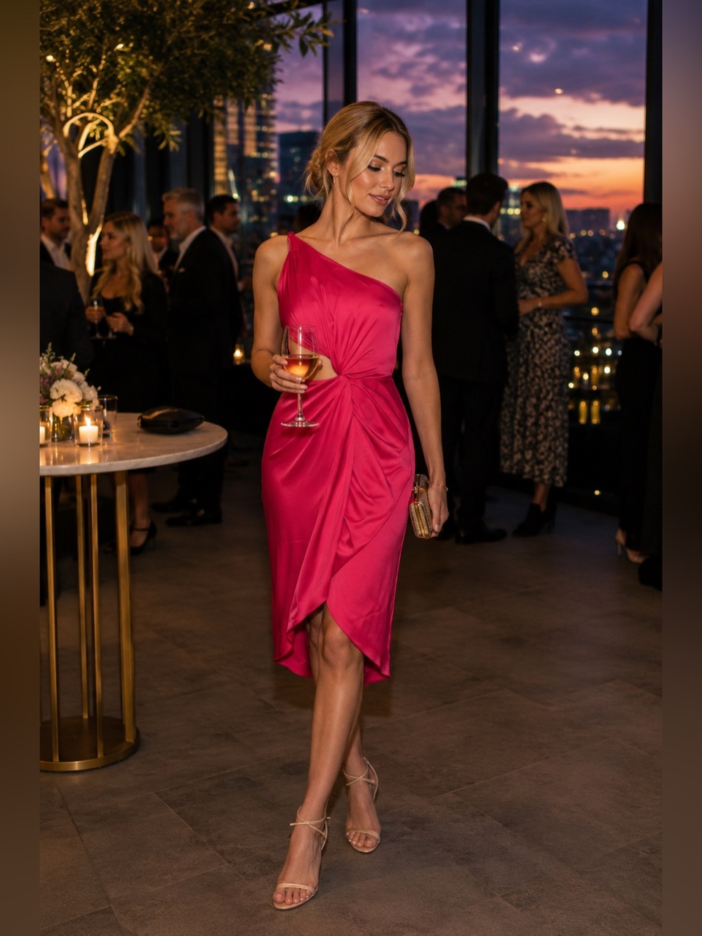 AMUR Pink Asymmetrical Ruched Cocktail Gown new 00